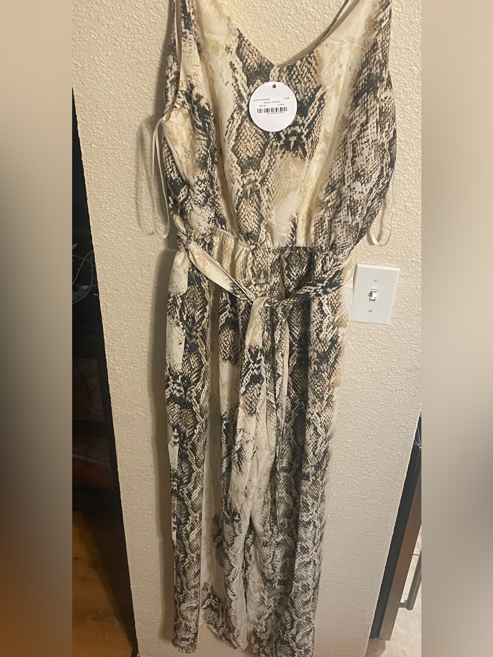 Snake-Print Sleeveless Maxi Jumpsuit with Tie Waist — Beige & Black
